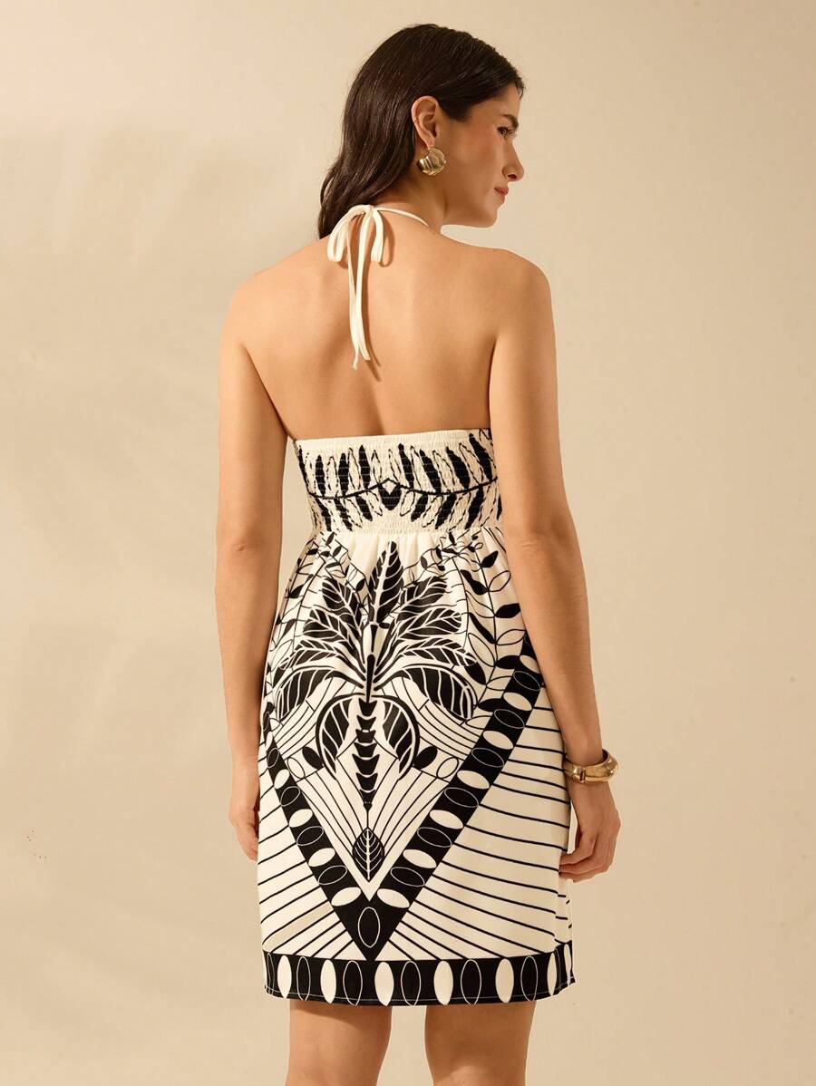 CAJUNI Vestido Casual de Verão Preto com Estampa Tropical de Plantas, Estilo Boho, para Férias, Praia, Alça e Costas Abertas, Modelo Mini