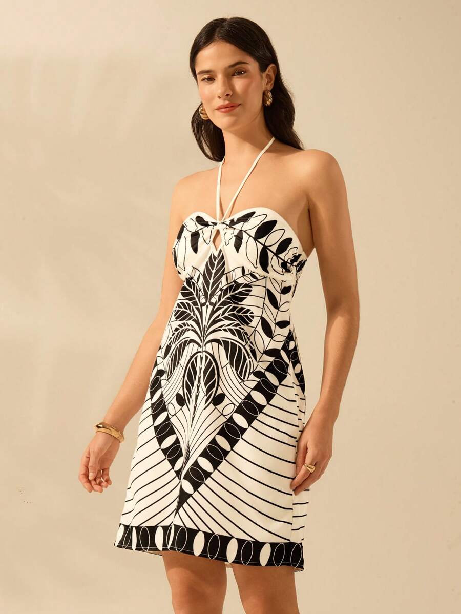 CAJUNI Vestido Casual de Verão Preto com Estampa Tropical de Plantas, Estilo Boho, para Férias, Praia, Alça e Costas Abertas, Modelo Mini
