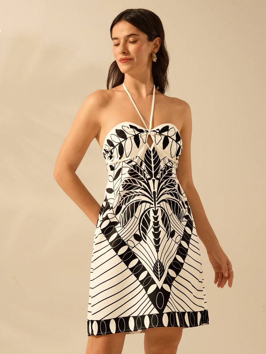 CAJUNI Vestido Casual de Verão Preto com Estampa Tropical de Plantas, Estilo Boho, para Férias, Praia, Alça e Costas Abertas, Modelo Mini