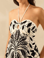 CAJUNI Vestido Casual de Verão Preto com Estampa Tropical de Plantas, Estilo Boho, para Férias, Praia, Alça e Costas Abertas, Modelo Mini
