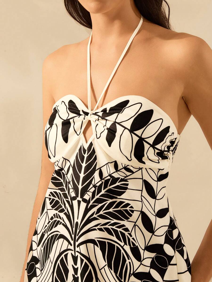 CAJUNI Vestido Casual de Verão Preto com Estampa Tropical de Plantas, Estilo Boho, para Férias, Praia, Alça e Costas Abertas, Modelo Mini