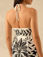 CAJUNI Vestido Casual de Verão Preto com Estampa Tropical de Plantas, Estilo Boho, para Férias, Praia, Alça e Costas Abertas, Modelo Mini