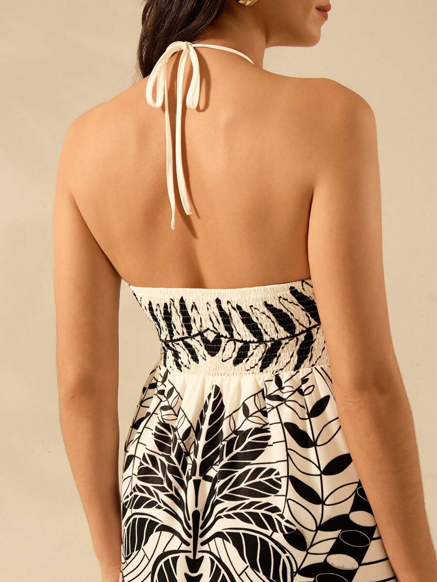 CAJUNI Vestido Casual de Verão Preto com Estampa Tropical de Plantas, Estilo Boho, para Férias, Praia, Alça e Costas Abertas, Modelo Mini