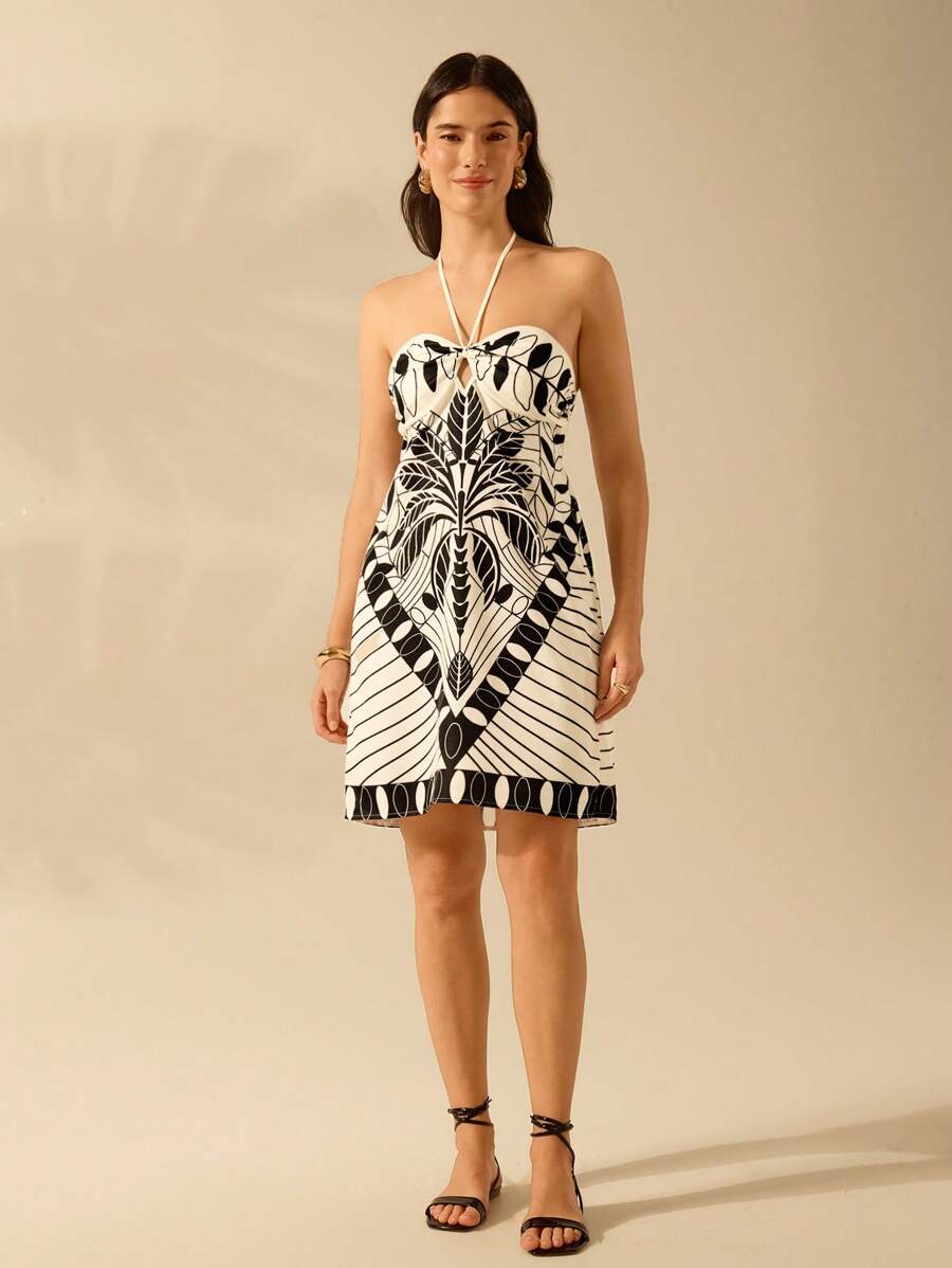 CAJUNI Vestido Casual de Verão Preto com Estampa Tropical de Plantas, Estilo Boho, para Férias, Praia, Alça e Costas Abertas, Modelo Mini