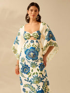 CAJUNI Vestido Casual de Férias Floral Azul e Verde Tropical Boho, Recorte Vazado