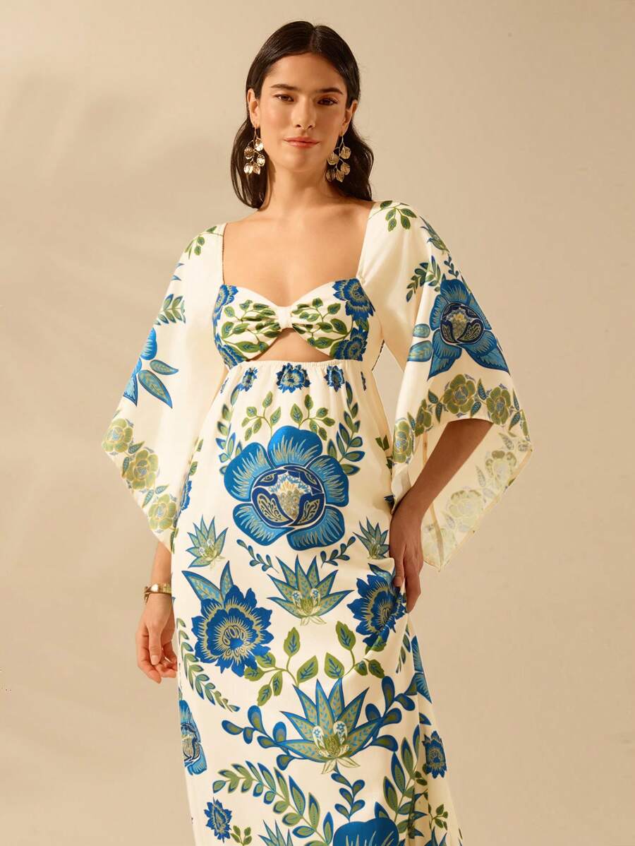 CAJUNI Vestido Casual de Férias Floral Azul e Verde Tropical Boho, Recorte Vazado