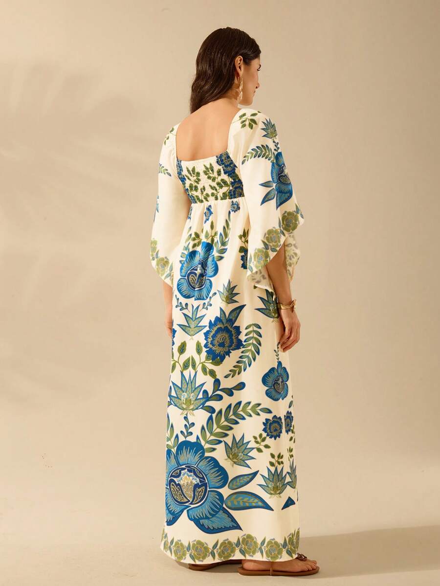 CAJUNI Vestido Casual de Férias Floral Azul e Verde Tropical Boho, Recorte Vazado