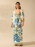 CAJUNI Vestido Casual de Férias Floral Azul e Verde Tropical Boho, Recorte Vazado