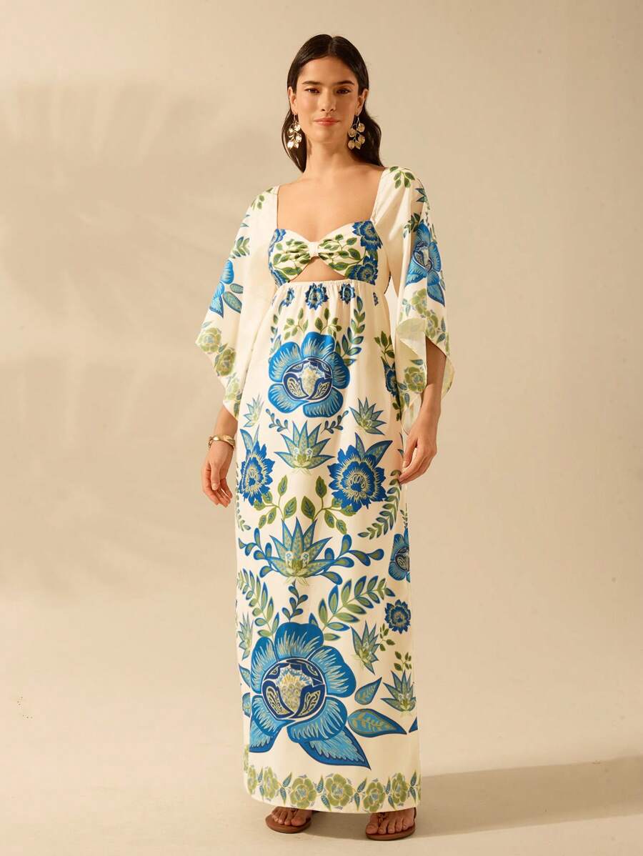 CAJUNI Vestido Casual de Férias Floral Azul e Verde Tropical Boho, Recorte Vazado