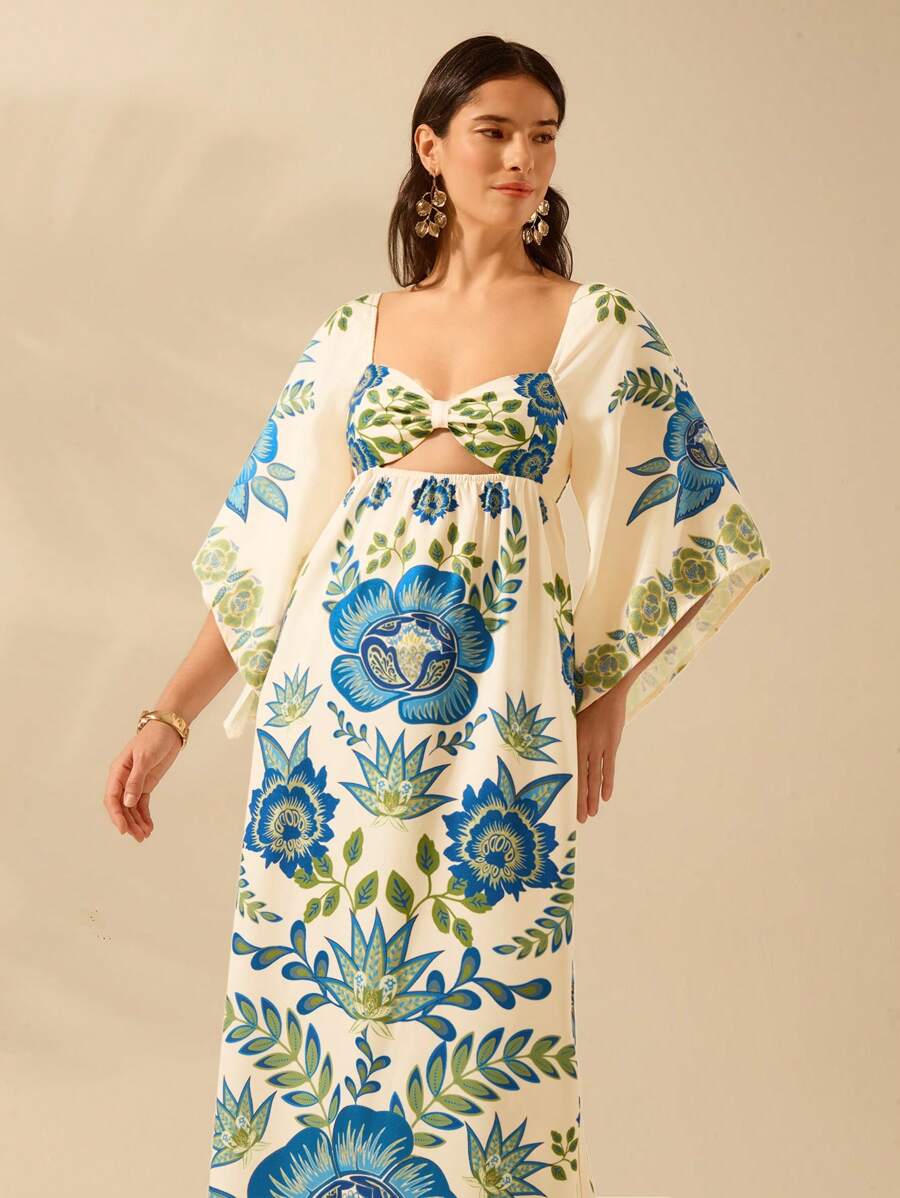CAJUNI Vestido Casual de Férias Floral Azul e Verde Tropical Boho, Recorte Vazado