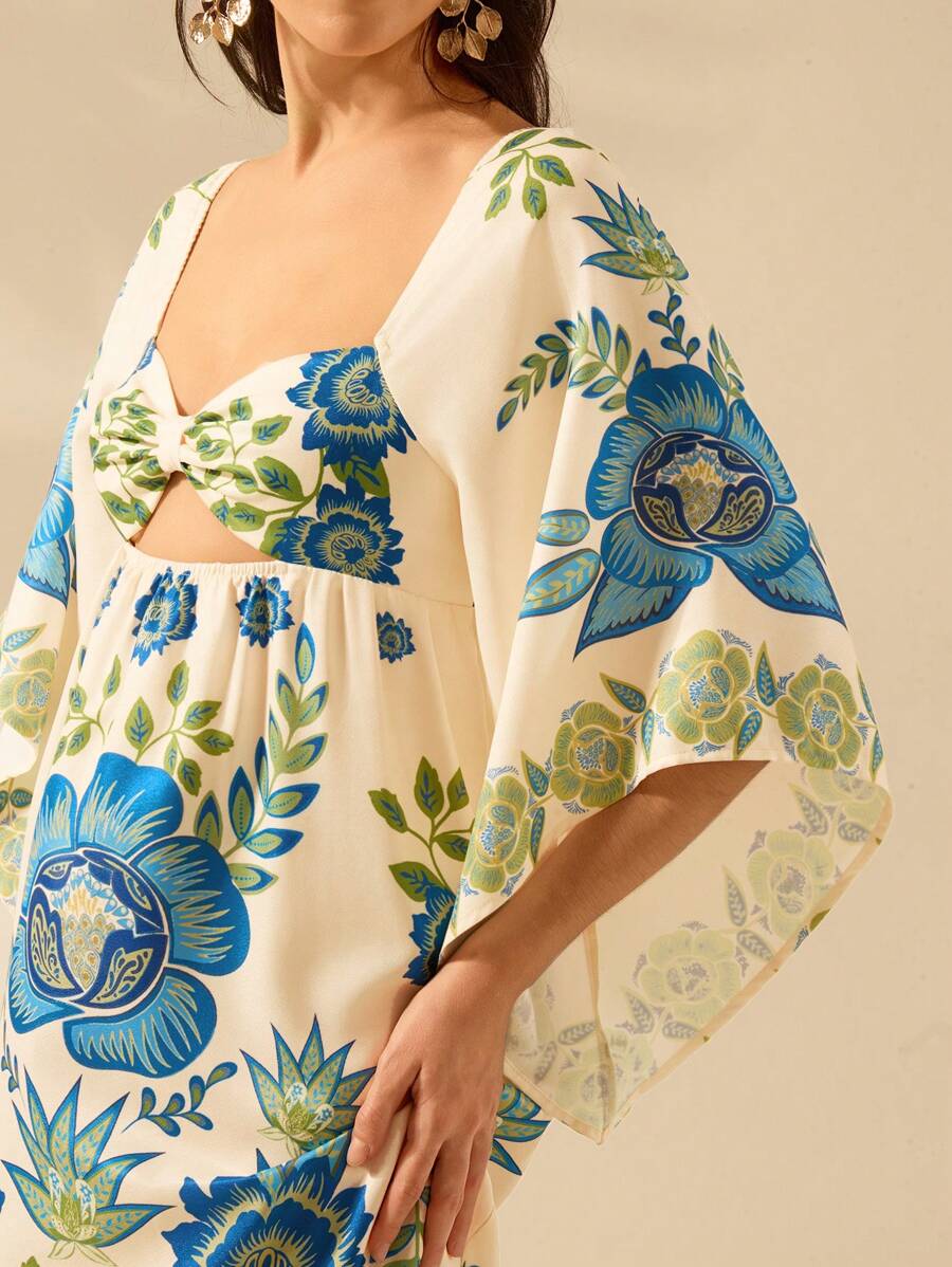 CAJUNI Vestido Casual de Férias Floral Azul e Verde Tropical Boho, Recorte Vazado