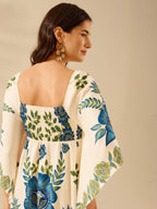 CAJUNI Vestido Casual de Férias Floral Azul e Verde Tropical Boho, Recorte Vazado