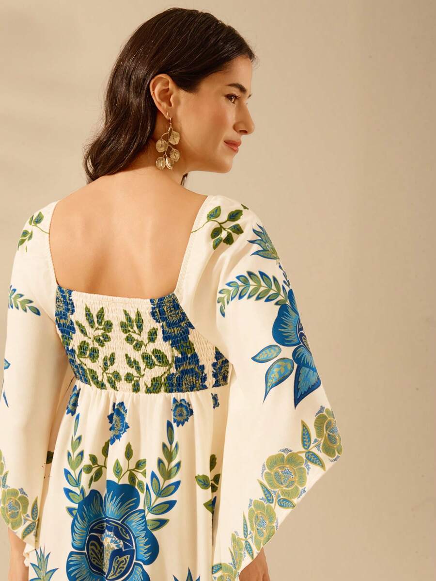 CAJUNI Vestido Casual de Férias Floral Azul e Verde Tropical Boho, Recorte Vazado