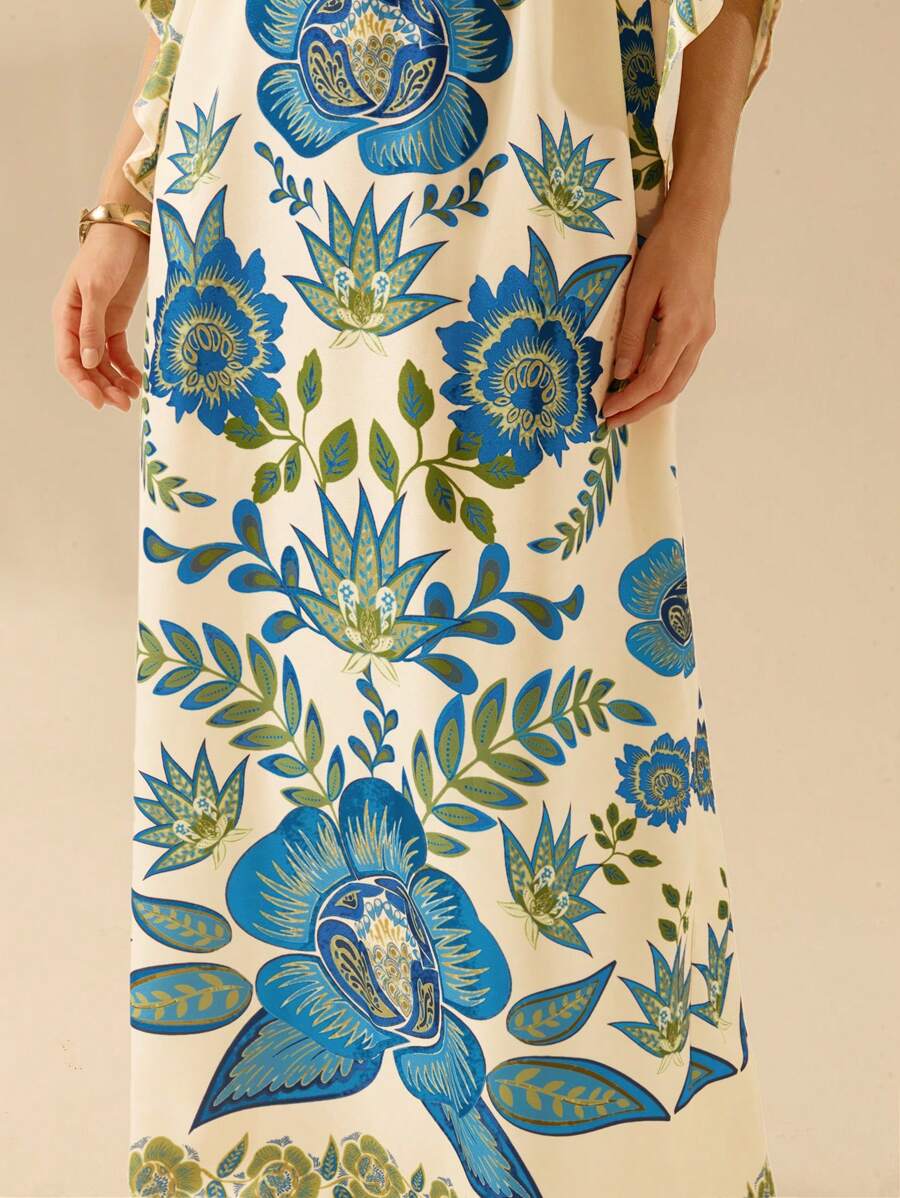 CAJUNI Vestido Casual de Férias Floral Azul e Verde Tropical Boho, Recorte Vazado