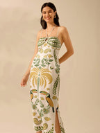CAJUNI Vestido casual de verão retrô de mulher com estampa boêmia tropical de flores, tucano, coco, com decote em halter, amarração e fenda