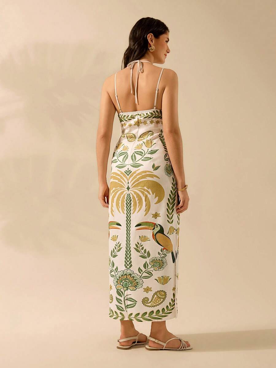 CAJUNI Vestido casual de verão retrô de mulher com estampa boêmia tropical de flores, tucano, coco, com decote em halter, amarração e fenda