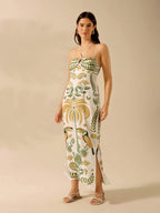 CAJUNI Vestido casual de verão retrô de mulher com estampa boêmia tropical de flores, tucano, coco, com decote em halter, amarração e fenda