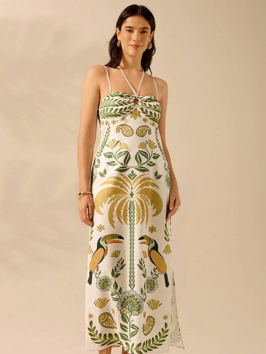 CAJUNI Vestido casual de verão retrô de mulher com estampa boêmia tropical de flores, tucano, coco, com decote em halter, amarração e fenda