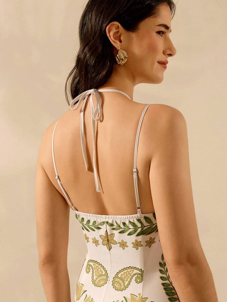 CAJUNI Vestido casual de verão retrô de mulher com estampa boêmia tropical de flores, tucano, coco, com decote em halter, amarração e fenda