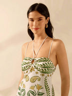 CAJUNI Vestido casual de verão retrô de mulher com estampa boêmia tropical de flores, tucano, coco, com decote em halter, amarração e fenda