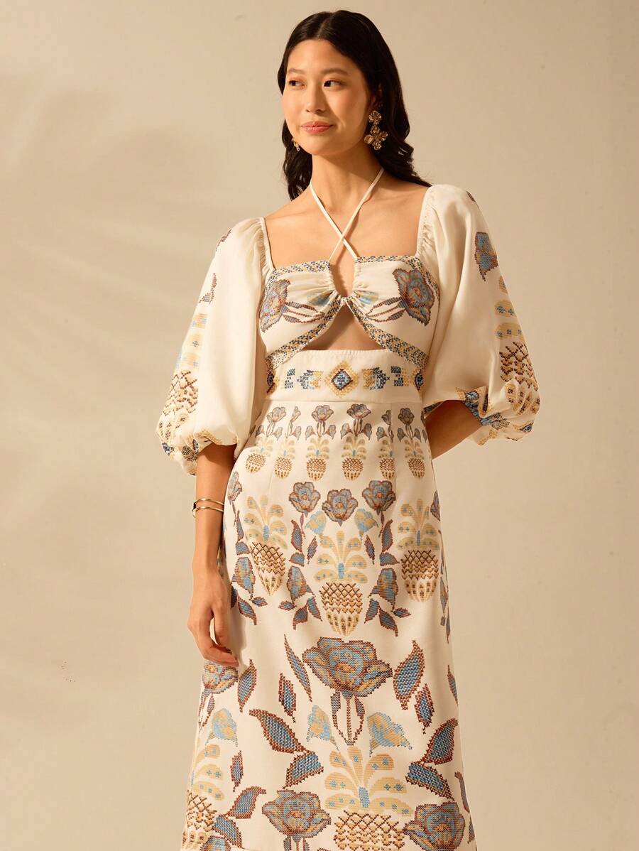 CAJUNI Vestido verde de manga bufante de comprimento médio, com estampa boho de flor tropical, sol e árvore de coco, cordão oco, verão casual, vestido de praia de férias