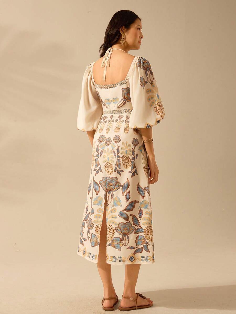 CAJUNI Vestido verde de manga bufante de comprimento médio, com estampa boho de flor tropical, sol e árvore de coco, cordão oco, verão casual, vestido de praia de férias