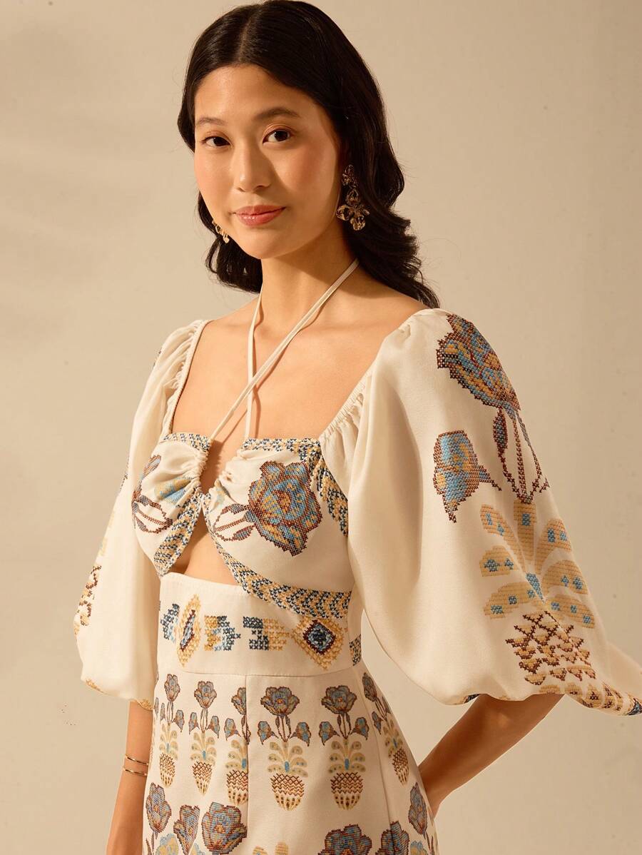CAJUNI Vestido verde de manga bufante de comprimento médio, com estampa boho de flor tropical, sol e árvore de coco, cordão oco, verão casual, vestido de praia de férias