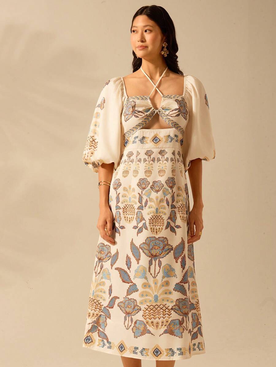 CAJUNI Vestido verde de manga bufante de comprimento médio, com estampa boho de flor tropical, sol e árvore de coco, cordão oco, verão casual, vestido de praia de férias