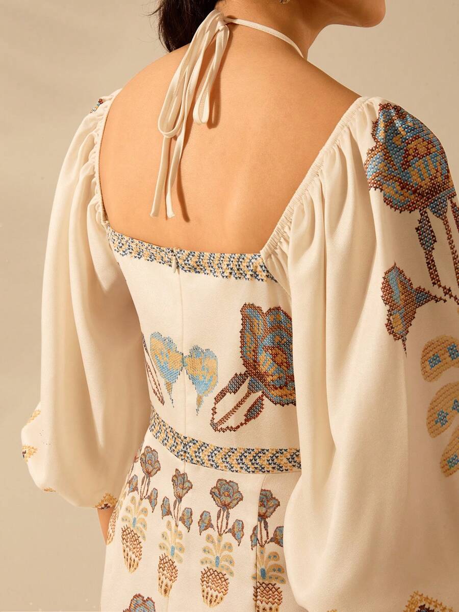 CAJUNI Vestido verde de manga bufante de comprimento médio, com estampa boho de flor tropical, sol e árvore de coco, cordão oco, verão casual, vestido de praia de férias