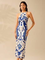 CAJUNI Vestido Listrado Azul com Estampa Tropical de Plantas e Papagaio, Estilo Boho, Sem Mangas e Costas Abertas, Vestido de Praia Casual de Verão