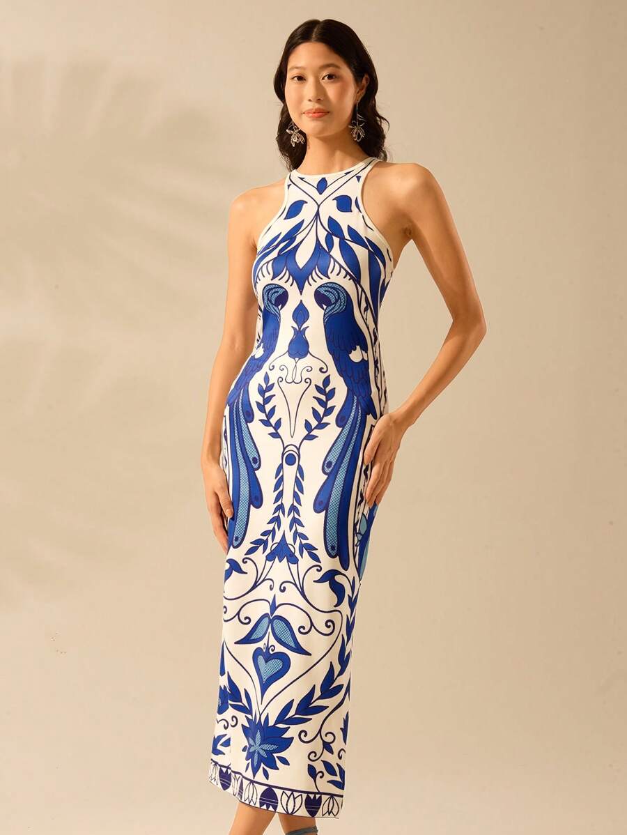 CAJUNI Vestido Listrado Azul com Estampa Tropical de Plantas e Papagaio, Estilo Boho, Sem Mangas e Costas Abertas, Vestido de Praia Casual de Verão