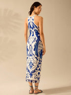 CAJUNI Vestido Listrado Azul com Estampa Tropical de Plantas e Papagaio, Estilo Boho, Sem Mangas e Costas Abertas, Vestido de Praia Casual de Verão