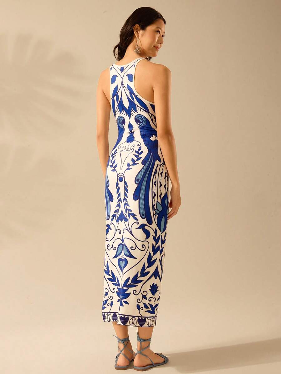 CAJUNI Vestido Listrado Azul com Estampa Tropical de Plantas e Papagaio, Estilo Boho, Sem Mangas e Costas Abertas, Vestido de Praia Casual de Verão