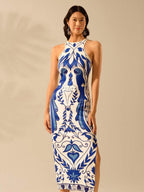 CAJUNI Vestido Listrado Azul com Estampa Tropical de Plantas e Papagaio, Estilo Boho, Sem Mangas e Costas Abertas, Vestido de Praia Casual de Verão