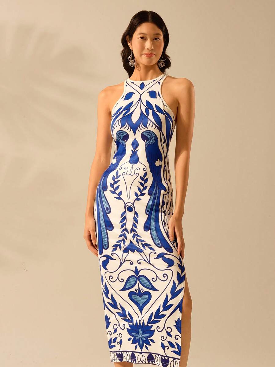 CAJUNI Vestido Listrado Azul com Estampa Tropical de Plantas e Papagaio, Estilo Boho, Sem Mangas e Costas Abertas, Vestido de Praia Casual de Verão