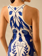 CAJUNI Vestido Listrado Azul com Estampa Tropical de Plantas e Papagaio, Estilo Boho, Sem Mangas e Costas Abertas, Vestido de Praia Casual de Verão