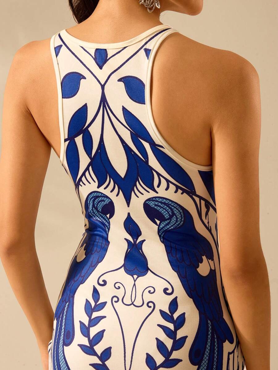 CAJUNI Vestido Listrado Azul com Estampa Tropical de Plantas e Papagaio, Estilo Boho, Sem Mangas e Costas Abertas, Vestido de Praia Casual de Verão