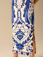 CAJUNI Vestido Listrado Azul com Estampa Tropical de Plantas e Papagaio, Estilo Boho, Sem Mangas e Costas Abertas, Vestido de Praia Casual de Verão