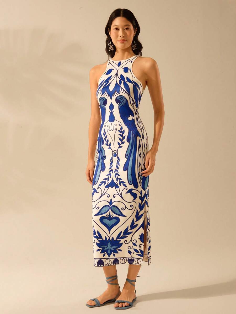 CAJUNI Vestido Listrado Azul com Estampa Tropical de Plantas e Papagaio, Estilo Boho, Sem Mangas e Costas Abertas, Vestido de Praia Casual de Verão