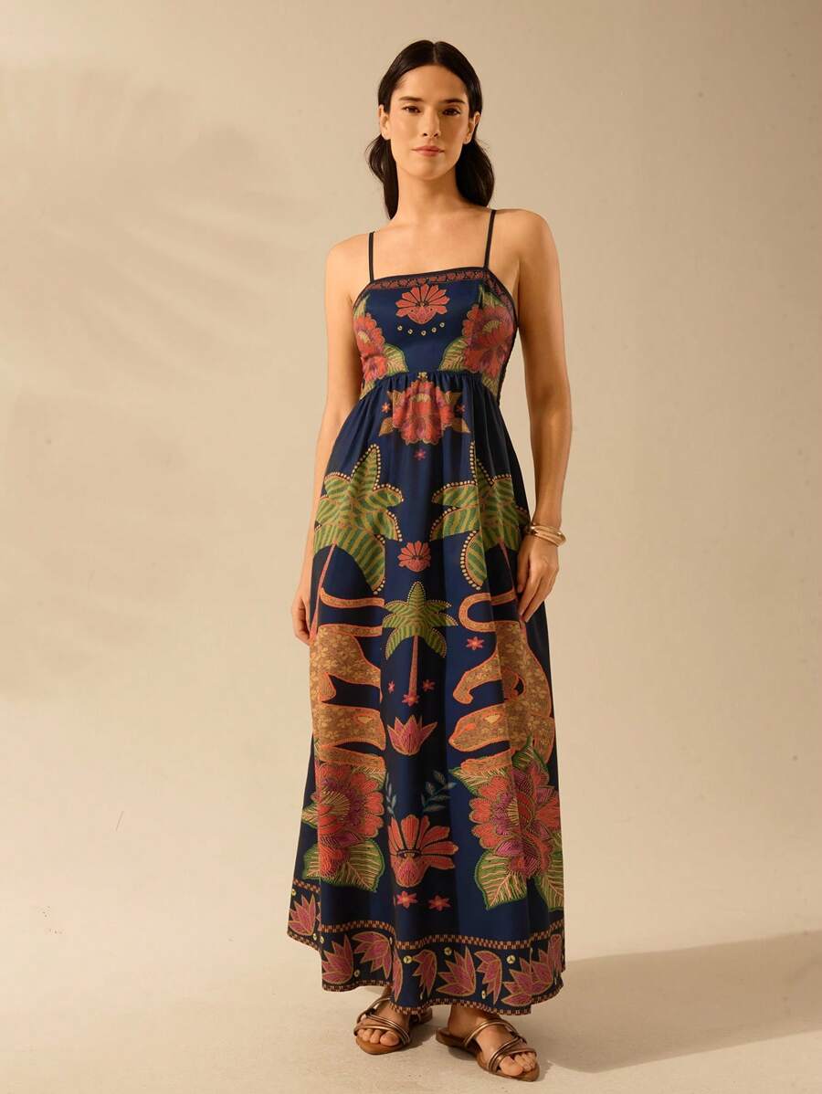 CAJUNI Vestido Casual de Verão com Elegância para Mulheres, com Alças Finas, Costas Abertas, Estampas de Coco, Leopardo e Azálea