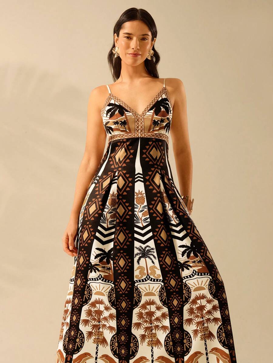 CAJUNI Vestido Vintage Ócio Feminino Boho com Estampa de Árvore de Coco, Abacaxi, Oceano, Decote em V, Alças Finas