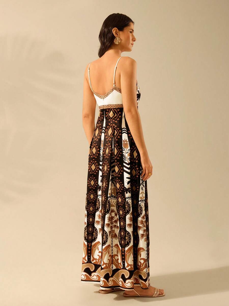 CAJUNI Vestido Vintage Ócio Feminino Boho com Estampa de Árvore de Coco, Abacaxi, Oceano, Decote em V, Alças Finas