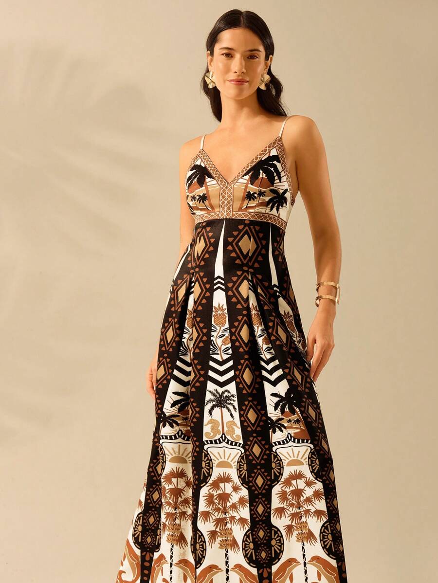 CAJUNI Vestido Vintage Ócio Feminino Boho com Estampa de Árvore de Coco, Abacaxi, Oceano, Decote em V, Alças Finas
