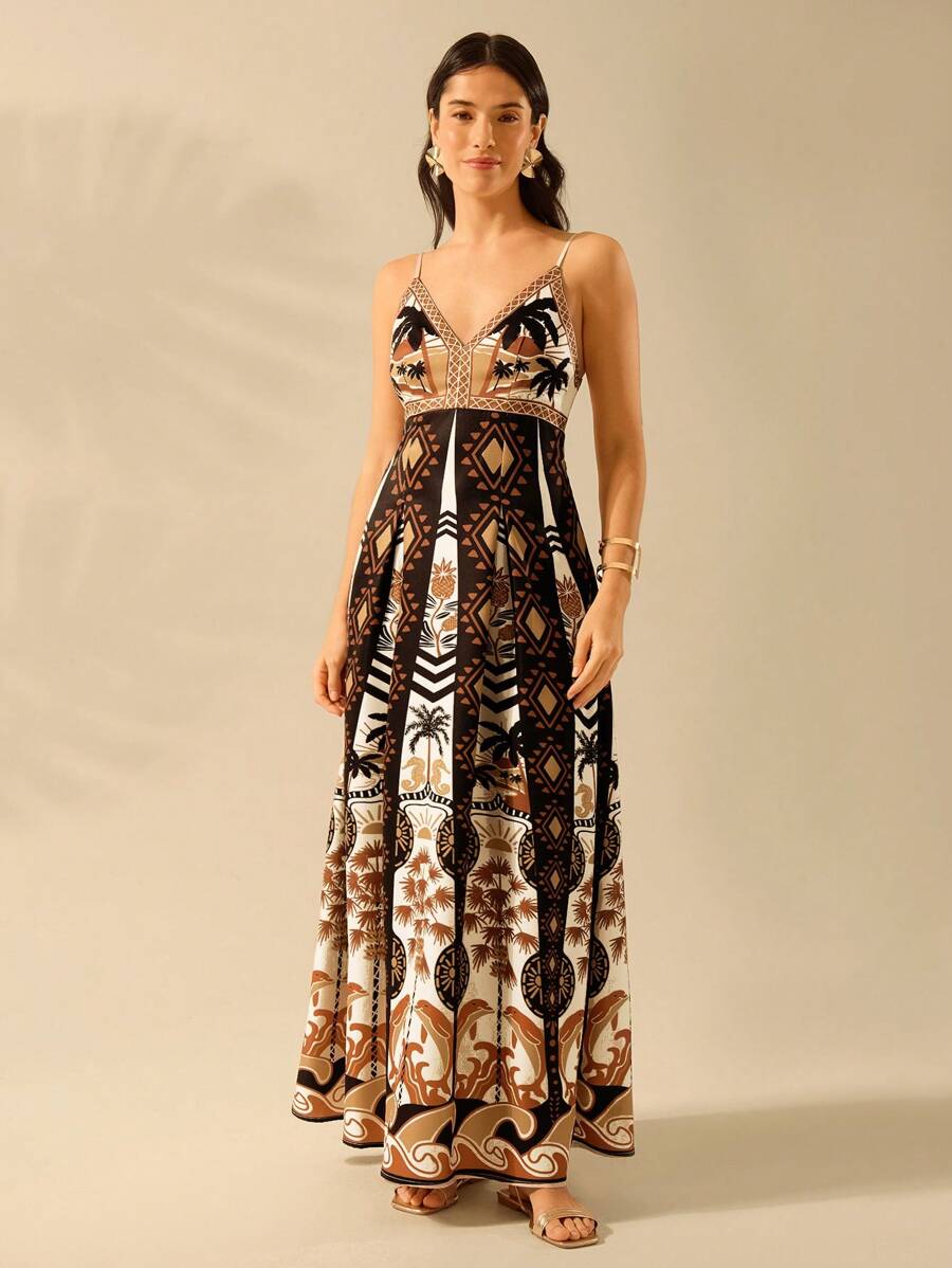 CAJUNI Vestido Vintage Ócio Feminino Boho com Estampa de Árvore de Coco, Abacaxi, Oceano, Decote em V, Alças Finas