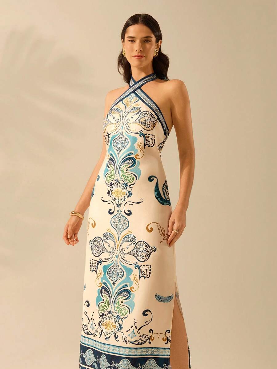 CAJUNI Vestido Casual de Verão com Estampa Tropical Vintage Boho para Mulheres, com Alça, Decote Aberto nas Costas e Bainha Dividida