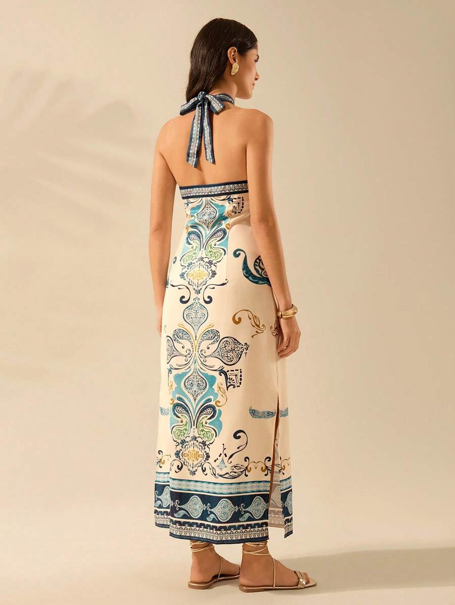 CAJUNI Vestido Casual de Verão com Estampa Tropical Vintage Boho para Mulheres, com Alça, Decote Aberto nas Costas e Bainha Dividida