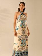 CAJUNI Vestido Casual de Verão com Estampa Tropical Vintage Boho para Mulheres, com Alça, Decote Aberto nas Costas e Bainha Dividida
