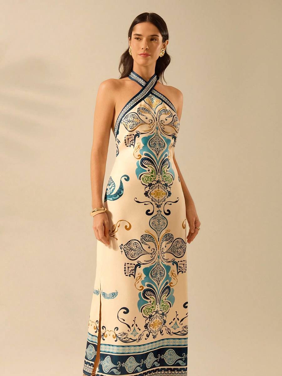 CAJUNI Vestido Casual de Verão com Estampa Tropical Vintage Boho para Mulheres, com Alça, Decote Aberto nas Costas e Bainha Dividida