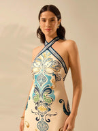 CAJUNI Vestido Casual de Verão com Estampa Tropical Vintage Boho para Mulheres, com Alça, Decote Aberto nas Costas e Bainha Dividida