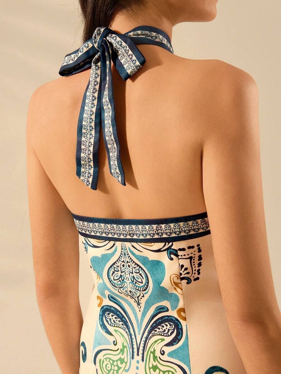 CAJUNI Vestido Casual de Verão com Estampa Tropical Vintage Boho para Mulheres, com Alça, Decote Aberto nas Costas e Bainha Dividida